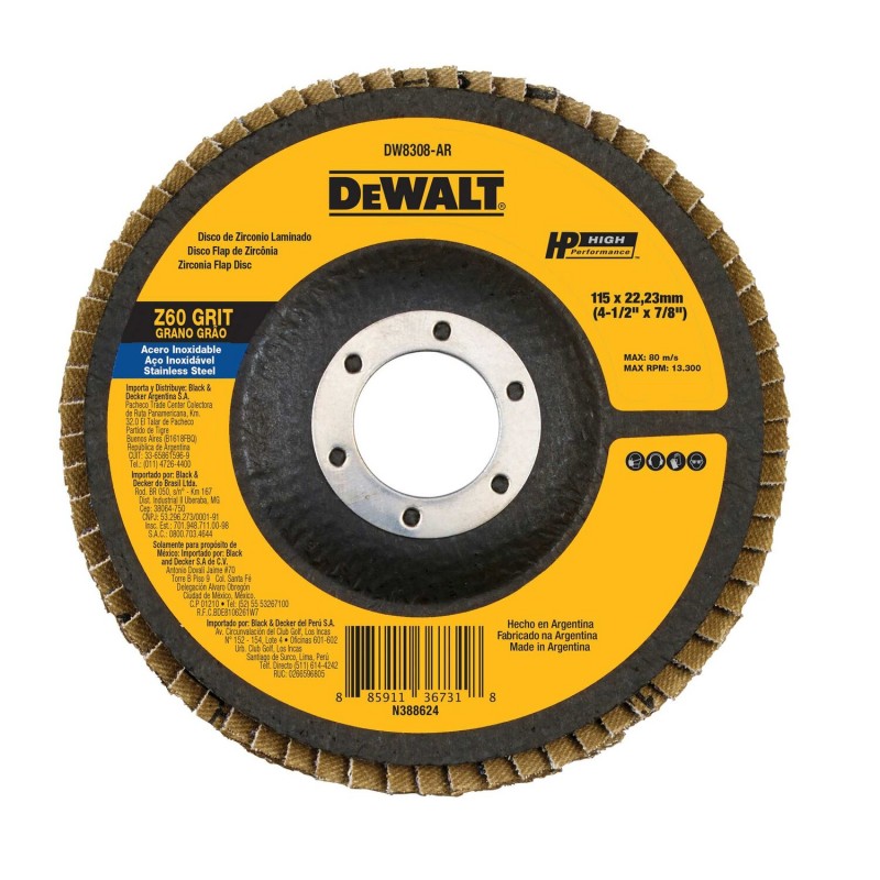 DISCO FLAP ZIRCONIO 4 1/2 X 7/8 GRANO 60 DEWALT DW8308